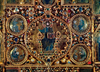 パラドロ、伝道者の金とエナメルを貴石で埋め込んだ陛下のキリストの詳細 作： Byzantine